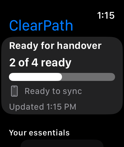 Actual ClearPath v1.8 Apple Watch handover checklist screen with fictional items