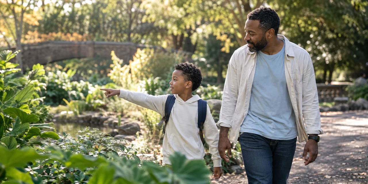 Illustrative family photograph of a father and son walking together outdoors