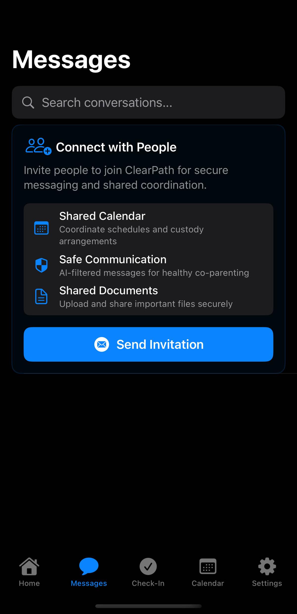 ClearPath secure messaging interface with AI abuse filters for co-parent communication